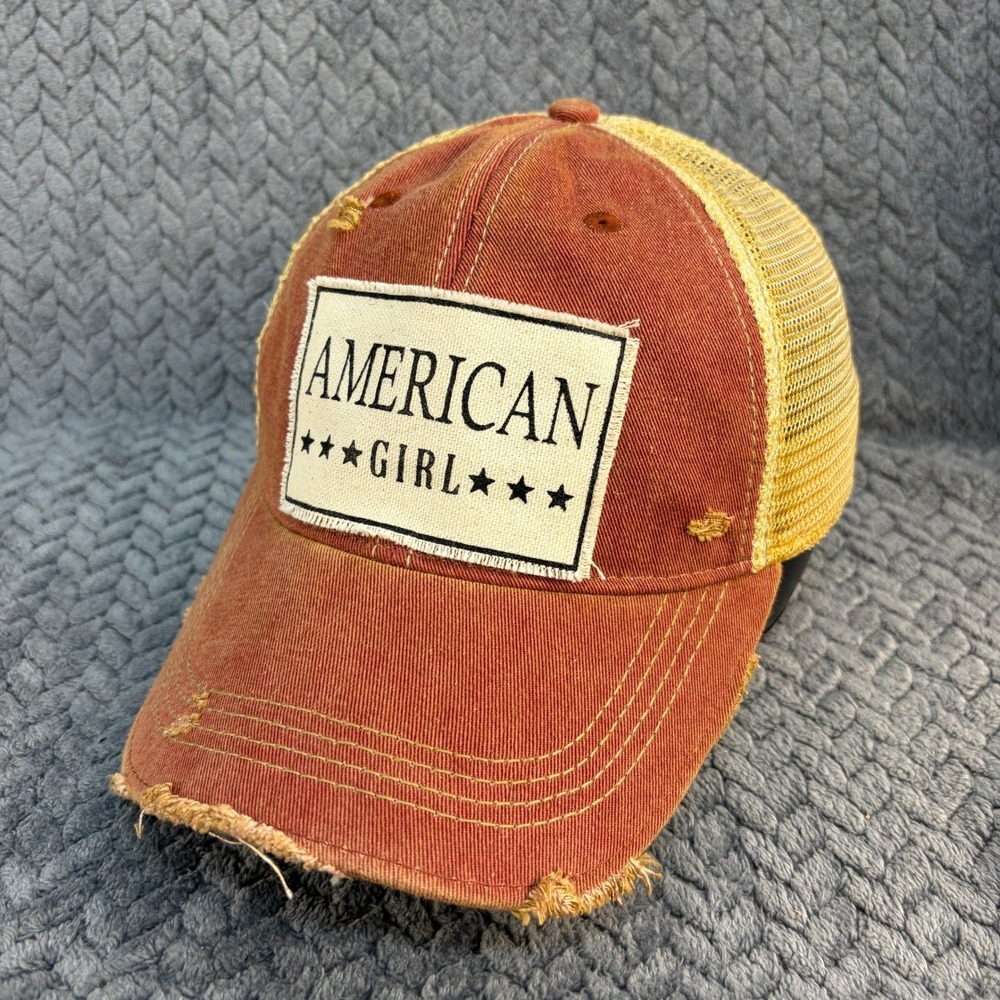 Headmost American Girl Trucker Hat Distressed Orange Tan Mesh Snapback Cap